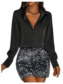 GORGLITTER Damen Elegant Blusen Button Down Oberteil OL Business Bluse Hemdbluse Tunika mit Knöpfe Schwarz L von GORGLITTER