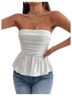 GORGLITTER Damen Petite Schulterfrei Oberteile Elegant Bandeau Top Trägerlos Oberteil Party Tube Tops Casual Sommertop Weiß L von GORGLITTER