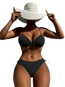 GORGLITTER Damen Push Up Bikin Set Neckholder Badeanzug Texture Sommer Strandmode 2-teilliger Swimsuit mit Knoten Schwarz S von GORGLITTER