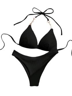 GORGLITTER Damen Push Up Bikini Set Neckholder Triangle-Bikini Badeanzug Zweiteile Bademode Swimmwear Set Schwarz L von GORGLITTER