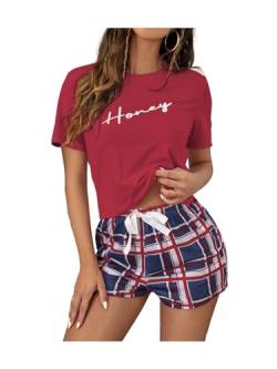 GORGLITTER Damen Pyjama Sets Kurzarm Tops und Sommer Short Plaid Muster Sommerhose Zweiteiliger Schlafanzug Bordeaux L von GORGLITTER