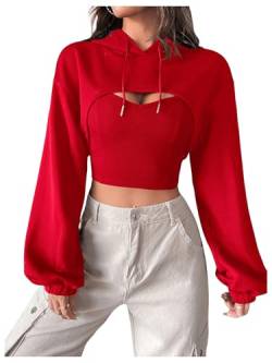 GORGLITTER Damen Super Crop Kapuzensweatshirt mit Top Drunter 2teile Kapuzenpullover Hoodie mit Kapuzen Langarmshirt Rot XS von GORGLITTER