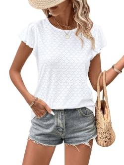 GORGLITTER Kurzarm Oberteil Damen Top mit Öse Stickereien T-Shirt Locker Sommershirt Freizeit Shirt mit Rüschenärmel Weiß L von GORGLITTER