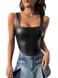 GORGLITTER Leder Tank Top Damen Y2k Crop Top Mit Eckigem Ausschnitt Pu Leder Top Bauchfreies Oberteil Sexy Leder Clubwear Schwarz XS von GORGLITTER