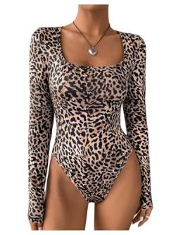 GORGLITTER Leoparden Oberteil Damen Body Mit Eckigem Ausschnitt Sexy Bodysuit Leo Body Langarm T-Shirt Body Winter Bodysuit Leo XS von GORGLITTER