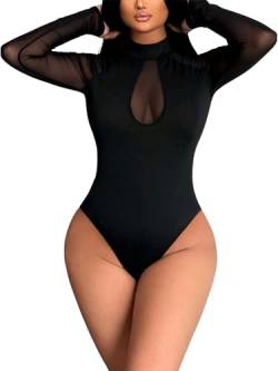 GORGLITTER Mesh Body Damen Sexy Body Mit Netzeinsatz Langarmbody Mit Stehkragen Cut Out Bodysuit Tshirt Damen Body Schwarz XL von GORGLITTER