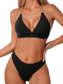 GORGLITTER Neckholder Bikini Set Damen Badeanzug mit Kette Bademode Bauchweg Bikini-Set Hohe Taille Swimsuit Set Schwarz XS von GORGLITTER