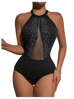 GORGLITTER Neckholder Body Damen Mesh Bodysuit Ohne Ärmel Bodies Party Oberteil mit Spitzen Top Overall Schwarz mit Strasse L von GORGLITTER