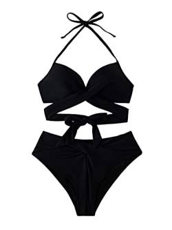 GORGLITTER Push Up Bikini Damen Badeanzug Sets Neckholder Swimsuit Zweiteiligwe Bademode Swimwear Strandmode mit Kreuzgurt Schwarz M von GORGLITTER