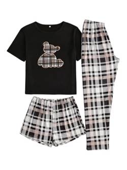 GORGLITTER Pyjama Set 3 Teilig Damen Bären Schlafanzug Tshirt Und Hose Set Nachtwäsche Short Mit Tshirt Hausanzug Schlafwäsche Schwarz M von GORGLITTER