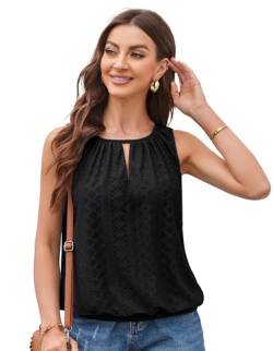 Damen Hohles Elastischer Saum T-Shirt Elegant Business Geschäft OL Bluse Sommer Fashion Rundhals Ärmelloses Oberteil mit Gummiband Schwarz XL von GRACE KARIN