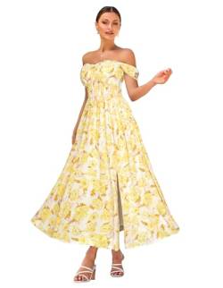 Damen Schlitz Ärmellos Casual Kleid A-Linie Maxikleid Spaghettiträger Freizeitkleid V-Ausschnitt Hochzeitsgast Kleid S Gelbe Blüten auf Aprikose von GRACE KARIN