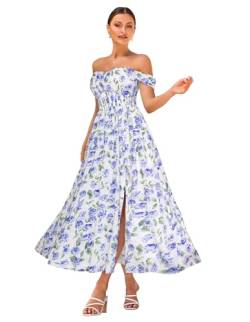 Damen V-Ausschnitt Sommerkleid A-Linie Maxikleid Schlitz Ärmellos Casual Kleid Lang Spaghettiträger Freizeitkleid M Große blaue Blumen auf Weiß von GRACE KARIN