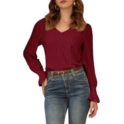 GRACE KARIN Damen 2024 Glockenärmel Langarm Pullover Strukturiertes V-Ausschnitt Top Herbststil Blusen Weinrot L von GRACE KARIN