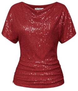 GRACE KARIN Damen 2024 Sommer Rundhalsausschnitt Glitzer Bluse Kurzarm Falten Pailletten Party Tops Rot XL von GRACE KARIN