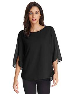 GRACE KARIN Damen Chiffon Bluse Langarm Rundhals Oberteile Langarmshirt Casual Elegant Tops M Schwarz CLAF15-3 von GRACE KARIN