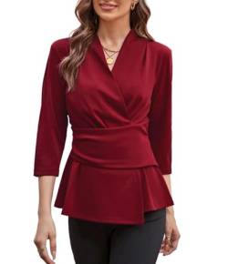 GRACE KARIN Damen Elegant Business Tops 3/4 Ärmel V-Ausschnitt Wickelbluse Slim Fit Tunika Bluse mit dekorativer Gürtel Rot L von GRACE KARIN
