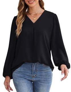 GRACE KARIN Damen V-Ausschnitt Chiffong Bluse Elegant Einfarbig Pullover Lässig Langarm Shirt Schwarz XL von GRACE KARIN