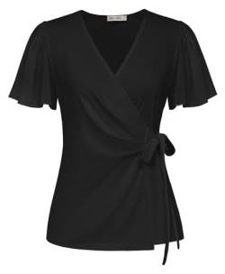 GRACE KARIN Damen Vintage Chiffon Bluse Elegant Kurzarm Poncho Tunika Casual Hemdbluse Elegant Top mit Binde für Hochzeit Party Schwarz XL von GRACE KARIN