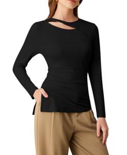 GRACE KARIN Frauen Lässig Langarm Oberteile Basic Solide Farbe Unregelmäßiger Saum Shirt für Party Schwarz L von GRACE KARIN