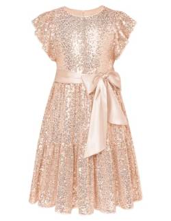 GRACE KARIN Mädchen Glitzer Pailletten Kleid Kurzarm A-Linie Prinzessin Kleid mit Schleife Geburtstag Partykleid Roségold 7 Jahre von GRACE KARIN