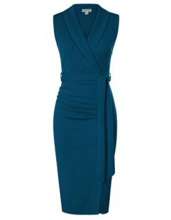 GRACE KARIN Sommer Midi Kleider V-Ausschnitt Elegant Festkleider für Damen Party Work Cocktail Blau Business Kleider 44 von GRACE KARIN