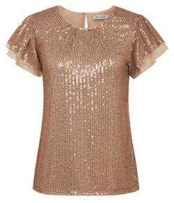 glitzeroberteil Frauen Damen Elegante Tops T-Shirt Glitzer Abend Party Pailletten Top Kaffee S von GRACE KARIN