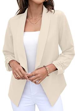 GRECERELLE Blazer Damen Elegant Sommer Leicht Business Geschäft Büro Arbeit Outwear Festlich 3/4 Arm Gerüschte Ärmel Gekürzter Short Bolero Jacke Blazer für Damen (Beige, 40) von GRECERELLE