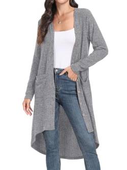 GRECERELLE Strickjacke Damen Lang Cardigan Elegant Dünn Gerippt Langarm mit Knopfleiste und Taschen (Grau, M) von GRECERELLE