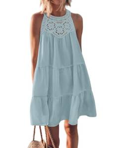 GRMLRPT Damen Ärmelloses Boho Sommerkleid Knielang Ethnischer Stil Elegant A-Line Kleider Neckholder Freizeitkleid Damen Kleider Strandkleider Damen(Blau,XL) von GRMLRPT