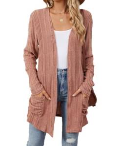 GRMLRPT Damen Strickjacke Lang Casual Cardigan für Damen Leichter Langarmshirt für Herbst/Winter 2024 Unifarben mit Tasche Damen Strickjacke Langarm Klassischer Style(Rosa,M) von GRMLRPT