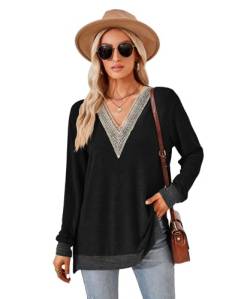 GRMLRPT Oberteile Langarm Damen V-Ausschnitt Bluse Elegant Hemdbluse Casual T-Shirts Tops Basic Einfarbige Tunika Lässig Feder Herbst(Schwarz,L) von GRMLRPT