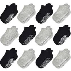 GRPSKCOS Kinder Baby Stopper Socken 12 Paar ABS Rutschfeste Kleinkind Socken für Kinder Jungen Mädchen für 0-7 Jahre Kinder Anti Rutsch Socken (#5 Schwarz/Grau -12 Paar, 5-7 Jahre) von GRPSKCOS