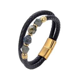 Leder Armband Herren,Geflochtenes Perlenarmband für Herren, Unregelmäßiger Naturstein, Doppellagig, Geflochtenes Lederarmband, Unisex-Armband mit Magnetverschluss, Schmuck, Geschenke für Frauen von GUIBEIZU