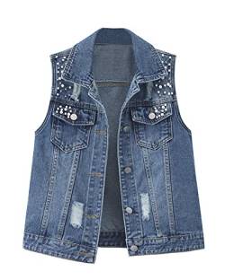 GUOCU Damen Basic Mäntel Frühling Perlen Glitzer Weste aus Denim Pattentaschen Zerrissene Boyfriend ärmelloser Jeansmantel Beiläufige Jeansweste Denim Weste Beiläufige Outwear Bild 5XL von GUOCU