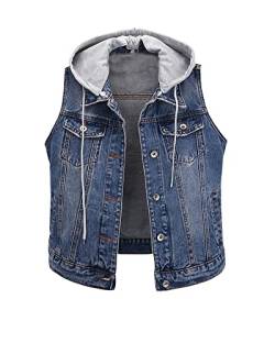 GUOCU Damen Frühling Herbst Vintage Zerrissen Basic-Jeansweste Kurz Stretch-Jacke mit Kapuze Biker-Stil Ärmellos Revers Einfache Beiläufige Denim Weste Übergangsjacke Mit Knopfleiste Dunkel XL von GUOCU