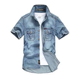 Herren Einfarbig Kurzarm Jeanshemd Turn-Down Kragen Knopf runter Denim Shirt Modern Fit Leichte Sommerhemden Freizeithemd Übergrößen Blau XXL von GUOCU