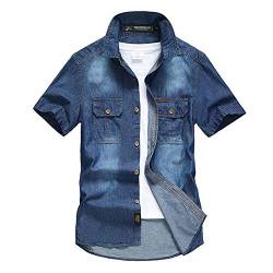 Herren Einfarbig Kurzarm Jeanshemd Turn-Down Kragen Knopf runter Denim Shirt Modern Fit Leichte Sommerhemden Freizeithemd Übergrößen Dunkelblau L von GUOCU