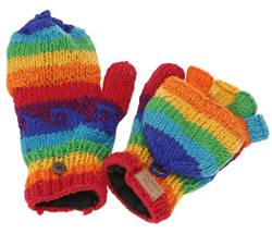 GURU SHOP Handgestrickte Handschuhe, Klapphandschuhe Nepal, Wollhandschuhe, Herren/Damen, Regenbogen, Wolle, Size:One Size von GURU SHOP