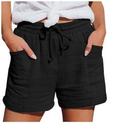 Damen Shorts Sommer Stoff Mode Lässige Musselin Hose mit Hoher Taille Gerades Bein Sport Lässige Lockere Shorts mit Kordelzug Kurze Hose mit Taschen Gummiband Freizeit Elastische Stoffhose von GXYANiaoy