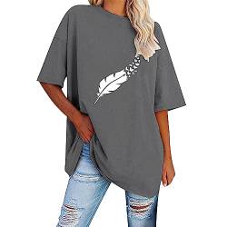 Oversize Shirt Damen Sport: Federdruck T-Shirts Weiß Kurzarm Tee T Shirt Lang Rundhals Tshirt Tops Basic Große Größen Pullover Oberteile Vintage Bluse Longshirt Tunika von GXYANiaoy