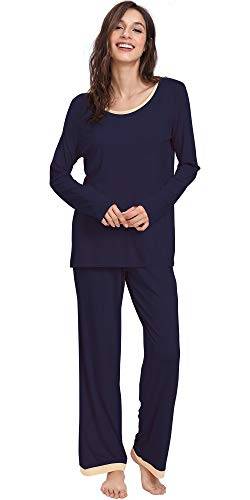 GYS Bambus-Pyjama-Set für Damen, langärmelig, Nachtwäsche mit Hose, weich, bequem, Pyjama-Lounge-Sets S-4X, A – Rundhalsausschnitt, Marineblau, 4XL Große Größen von GYS