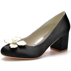 GYYZAYH Damen Mid Chunky Brautschuhe Satin Runde Zehe Brautkleid Pumps Slip On Party Büroschuhe mit Blume,Schwarz,41 EU von GYYZAYH