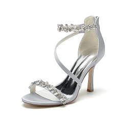 GYYZAYH Damen Stiletto High Heel Brautschuhe Knöchelriemen Hochzeit Sandalen Satin Offene Zehe Party Abendkleid Schuhe,Silber,42 EU von GYYZAYH