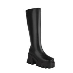 GYYZAYH Frauen Chunky Heel Plattformen Winter Stiefel Biker Side Zip Boots Schwarz Matte PU Leder Mitte Waden Knie Hohe Stiefel,Schwarz,38 EU von GYYZAYH