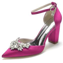 GYYZAYH Frauen Satin Strass Braut Schuhe Knöchelriemen Block Heel Hochzeit Schuhe Closed Toe Abend Party Pumps,Fuchsia,40 EU von GYYZAYH