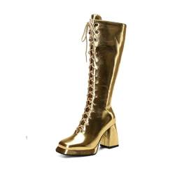 GYYZAYH Frauen Square Toe Lackleder The Knee Boots Lace Up Chunky Heel Punk Stiefel wasserdichte Booties mit seitlichem Reißverschluss,Gold,40 EU von GYYZAYH