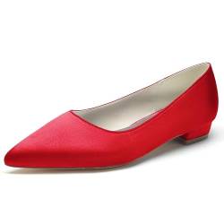 GYYZAYH Satin Hochzeit Flache Schuhe Slip-On Spitze Toe Braut Kleid Schuhe Komfort Abend Party Schuhe,Rot,41 EU von GYYZAYH