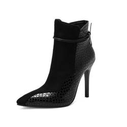 GZHMMAN Damen-Stiefeletten Stiefel Hohem Absatz Spitzer Stiletto-Absatz Lederbesatz mit Leopardenmuster Knöchelriemen Seitlichem Reißverschluss Höhe 11cm,Black,48 von GZHMMAN