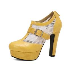 GZHMMAN Damensandalen High Heels mit Runder Spitze und Dicker Sohle Gürtelschnallennetz mit Steinmuster Reißverschluss Hinten Höhe 12 Cm Anmut,Yellow,35 von GZHMMAN